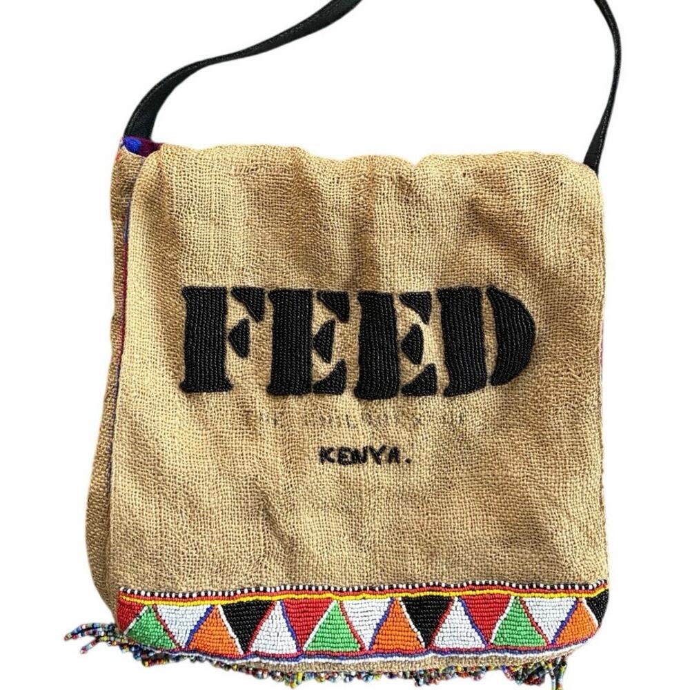 Feed Kenya Viva Africa Beaded Burlap Crossbody Colorful Artisan‎ Reversible